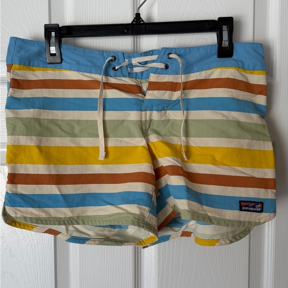 Patagonia Women's Multi Color Green Blue and Yellow Striped Hybrid Board Shorts
